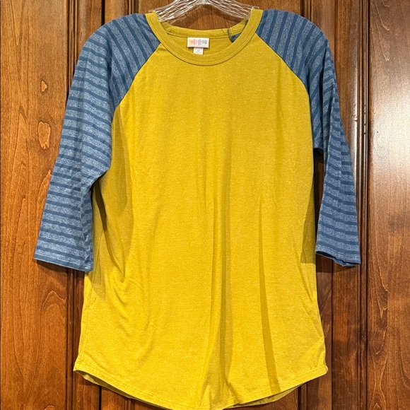 LuLaRoe Randy Yellow Raglan with Blue Striped Sleeves Tee - Picture 1 of 7